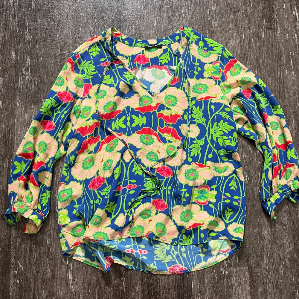 Lauren Gold Floral Blouse Silk Top Long Sleeve Bohemian Festival Bright 19in PTP